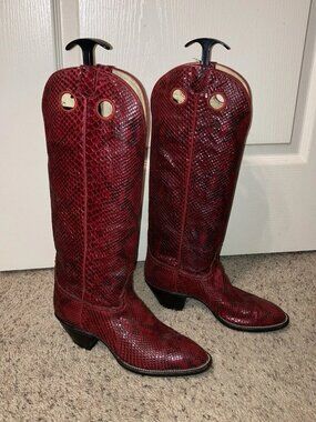 PYTHON Boots Red Snakeskin HONDO BOOTS Vintage - Sz 7 B Nice!